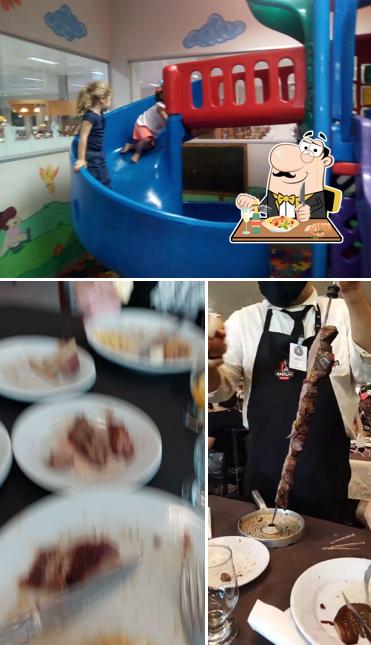 A ilustração da comida e área de lazer no Churrascaria Amigão