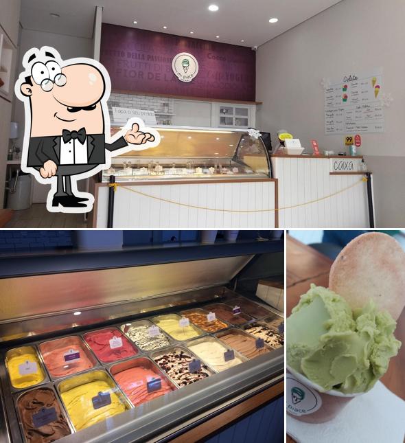 A imagem da interior e comida no Gelateria Mi Piace
