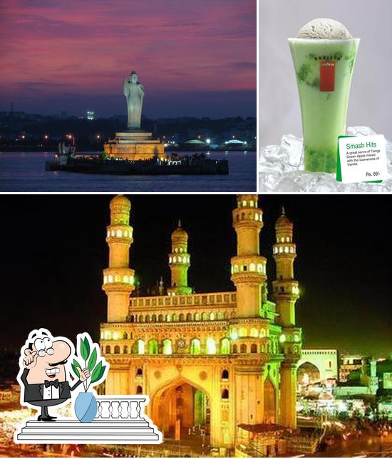 This is the picture showing exterior and beverage at Hyderabad Cafes