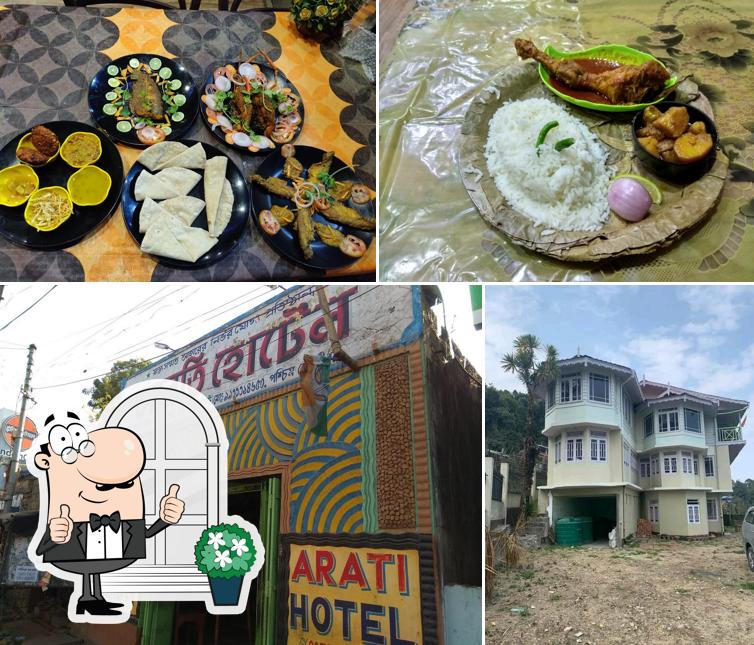 Check out the image displaying exterior and food at Arati Hotel
