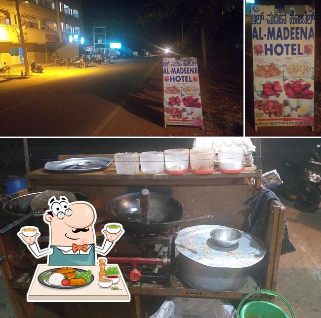 This is the picture displaying food and exterior at AL Madeena Hotel