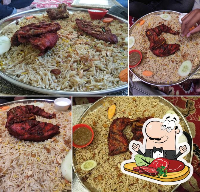 Meat dishes are served at AL HIND MANDI