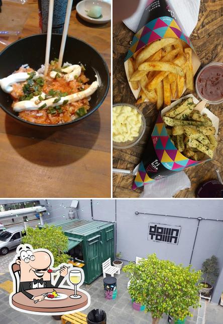 A comida e exterior do restaurante