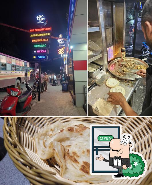 Take a look at the image showing exterior and food at Zam Zam Restaurant