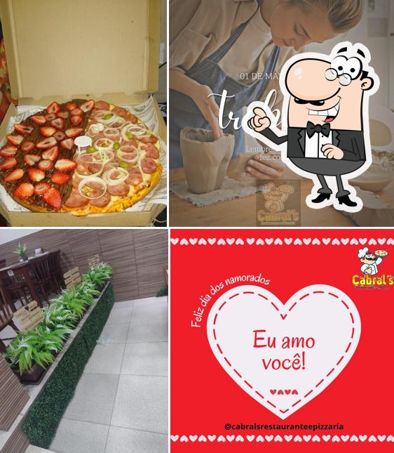Confira a ilustração apresentando exterior e comida a Cabral’s Restaurante e Pizzaria