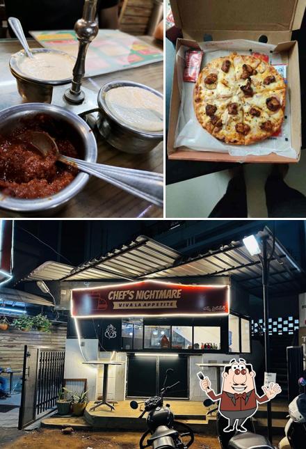 Take a look at the picture depicting food and exterior at Chefs nightmare