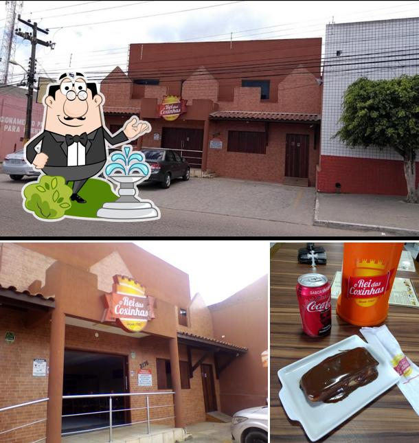 Entre diversos coisas, exterior e bebida podem ser encontrados no O Rei das Coxinhas