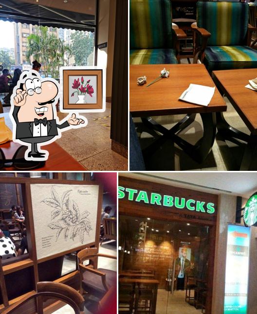 Take a seat at one of the tables at Starbucks