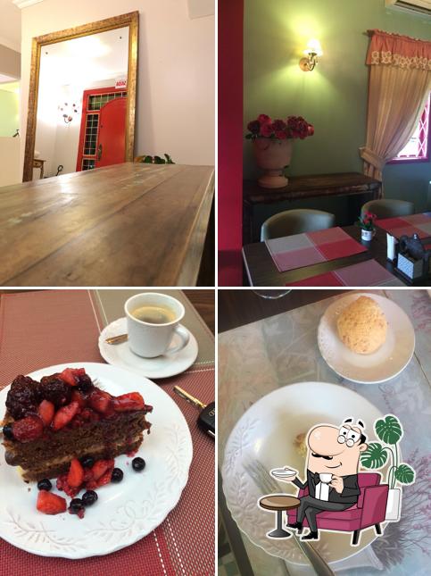 Sente em uma das mesas no Doce Encanto Confeitaria Artesanal