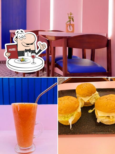 Check out the picture depicting food and interior at The Blue Pink Café