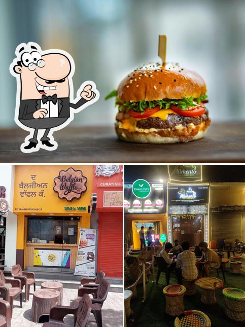 Take a look at the photo displaying interior and burger at Alimento