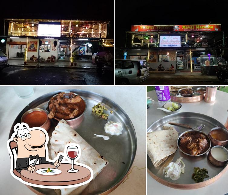 This is the picture depicting food and exterior at Maval Maratha