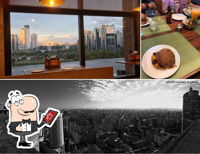 A ilustração da exterior e mesa de jantar no Lanchonete da Cidade