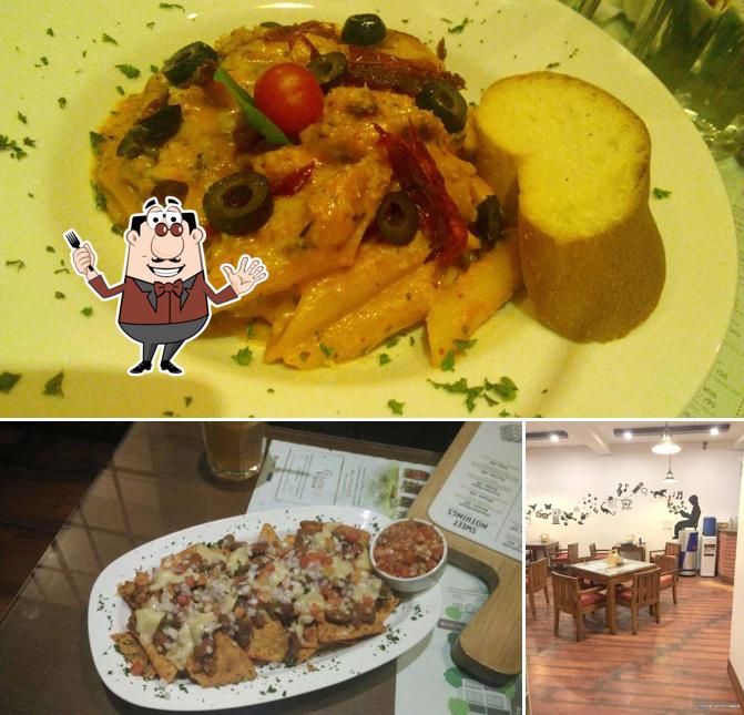 Among different things one can find food and dining table at Cafe Red