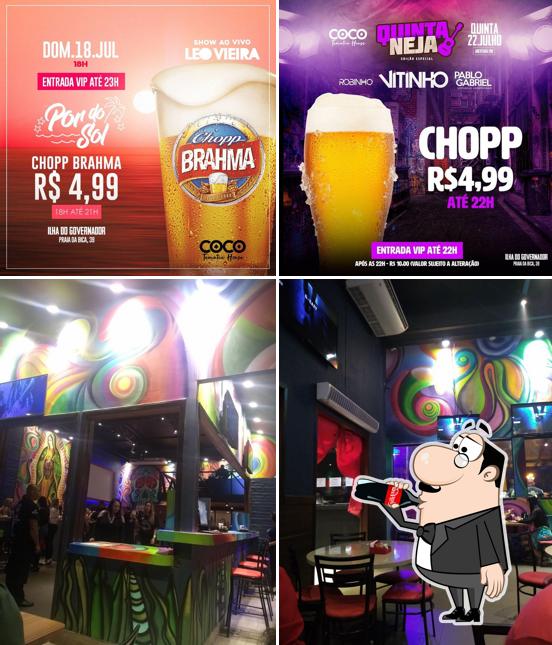 Confira a ilustração mostrando bebida e interior no Coco Mambo - Ilha do Governador