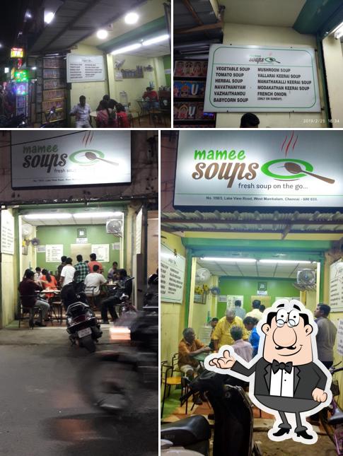 Take a seat at one of the tables at Mamee Soups West Mambalam