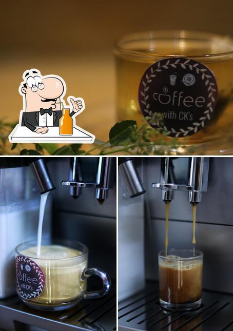 Coffee with cks and cks cake serves a variety of drinks