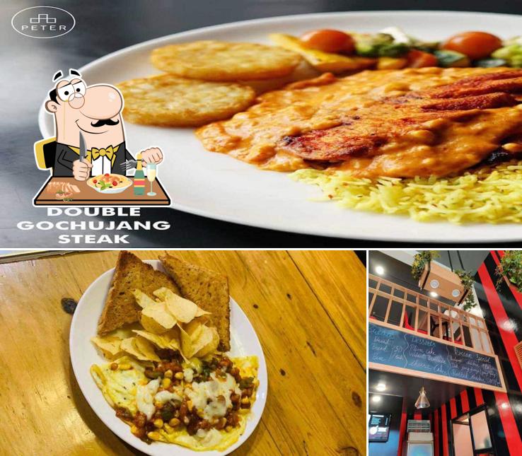 The restaurant's food and blackboard