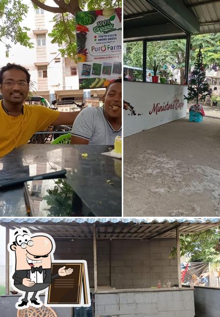 The picture of exterior and cake at Minister’s Cafe