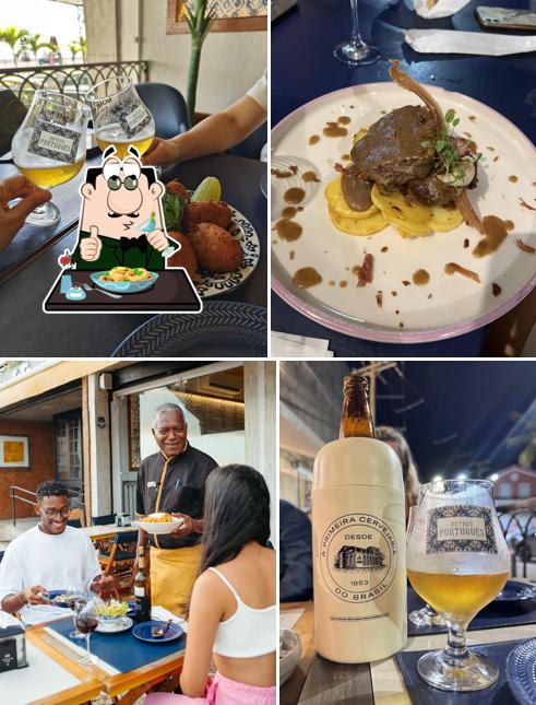 Entre diferentes coisas, comida e bebida podem ser encontrados no Boteco Português