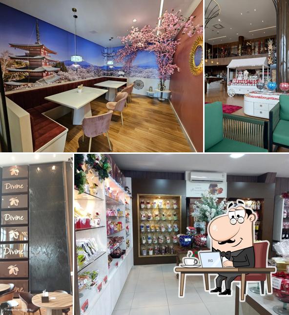 Sente em uma das mesas no Divine Chocolates
