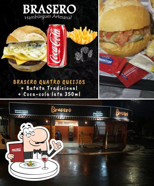 A ilustração da comida e exterior no Brasero Burgers