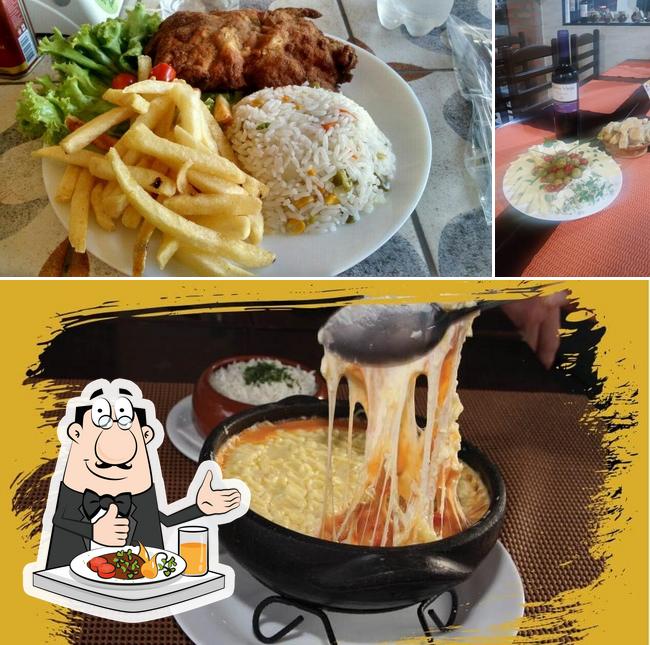 Dê uma olhada a ilustração mostrando comida e vinho no Varanda Gourmet