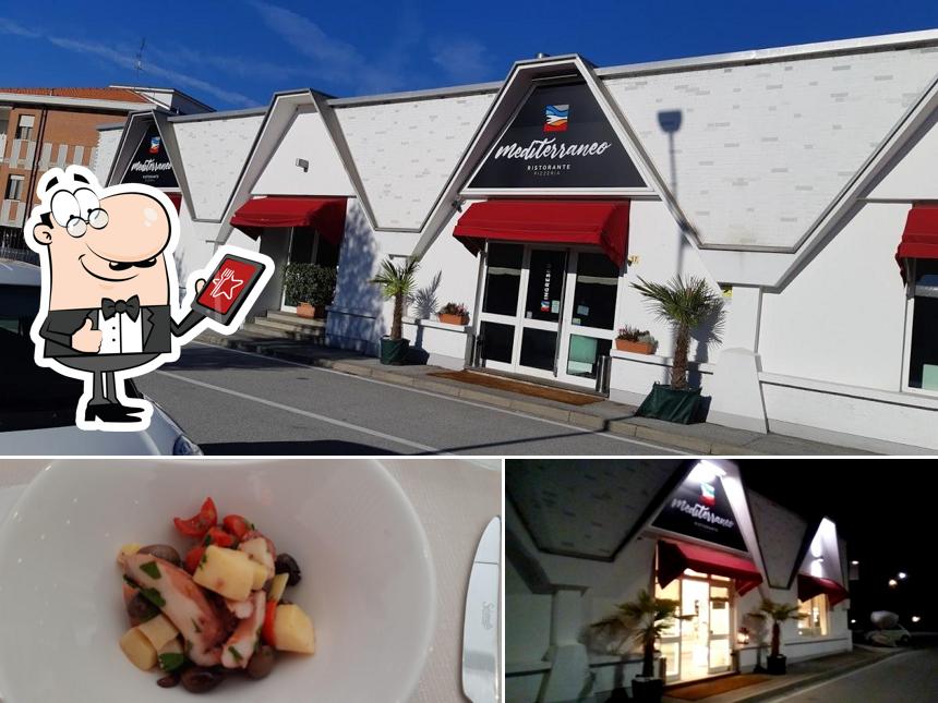 Tra le diverse cose da Ristorante Pizzeria Mediterraneo si possono trovare la esterno e cibo