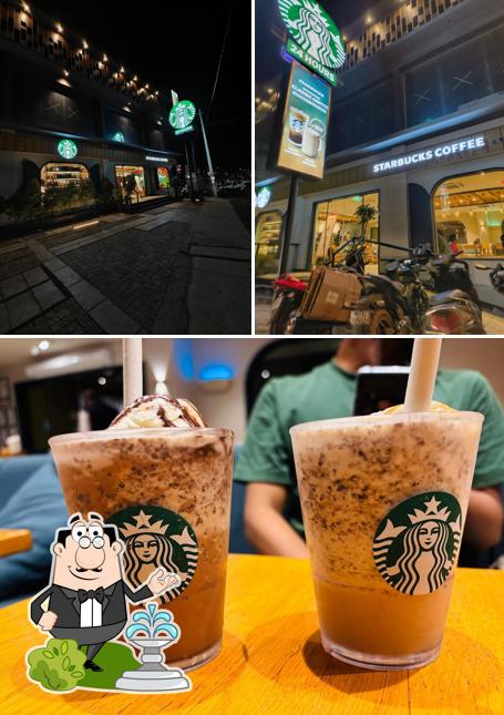 The photo of exterior and drink at Starbucks
