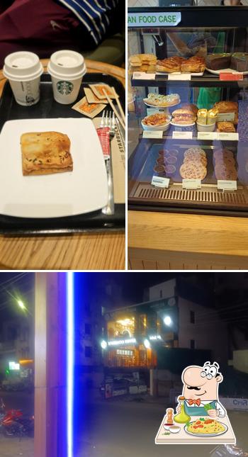 Check out the photo showing food and exterior at Starbucks