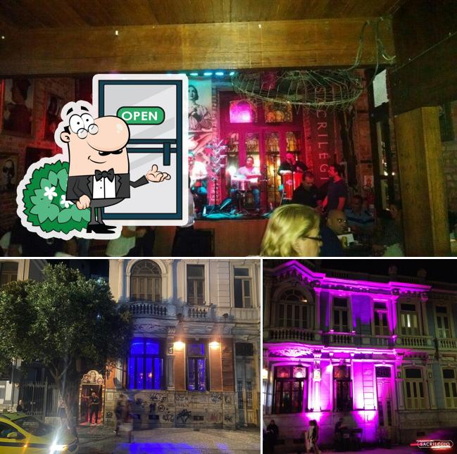 Dê uma olhada a ilustração ilustrando exterior e interior no Café Cultural Sacrilégio