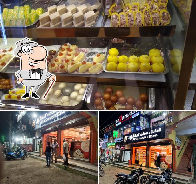 Take a look at the image displaying exterior and food at Arya Sweets and Bakes
