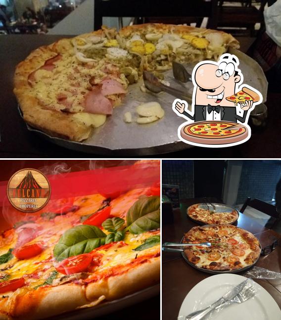 Escolha pizza no Vulcano Pizzaria e Choperia