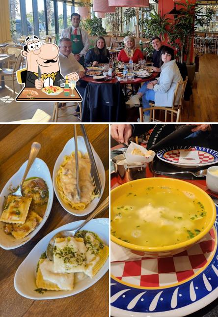 Confira a ilustração mostrando comida e interior no Galeto Mamma Mia Pontal Shopping