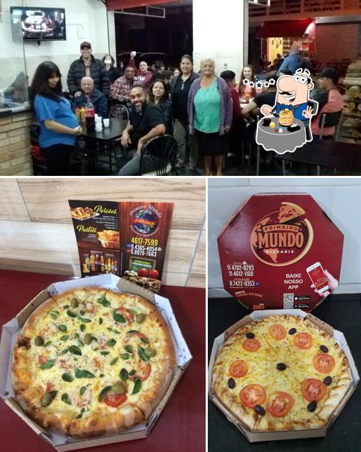 Confira a ilustração apresentando comida e interior no Pizzaria Primeiro Mundo