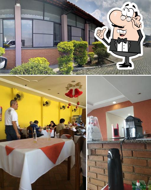 Confira a ilustração apresentando interior e exterior no Restaurante Coma Bem