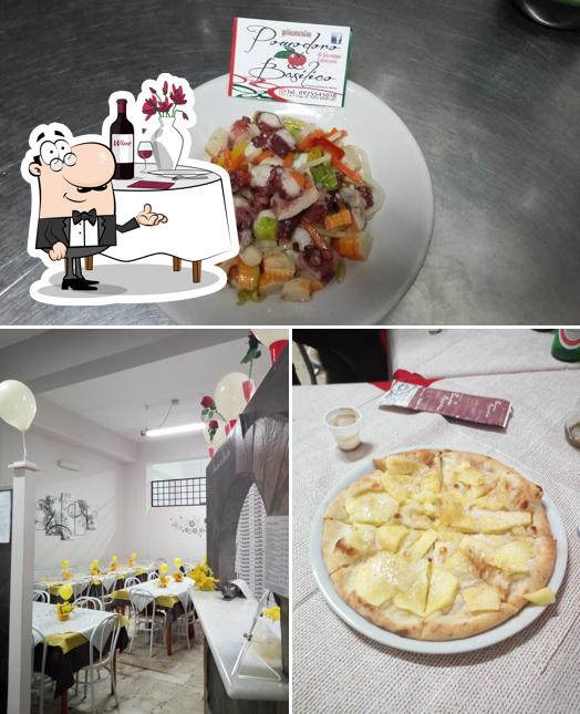 Questa è la immagine che presenta la tavolo da pranzo e cibo di Pomodoro & Basilico