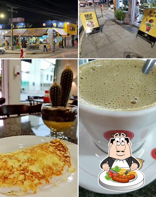 Dê uma olhada a imagem apresentando comida e exterior no Império do Café