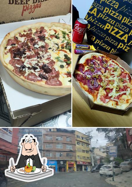 A imagem da comida e exterior no Deep Dish Pizzas e Burguer