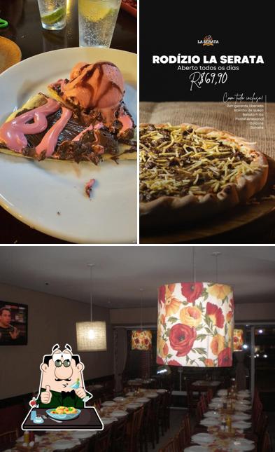 Confira a ilustração mostrando comida e mesa de jantar no Pizzaria La Serata - Rodízio de Pizzas e Delivery de Pizza em Porto Alegre RS