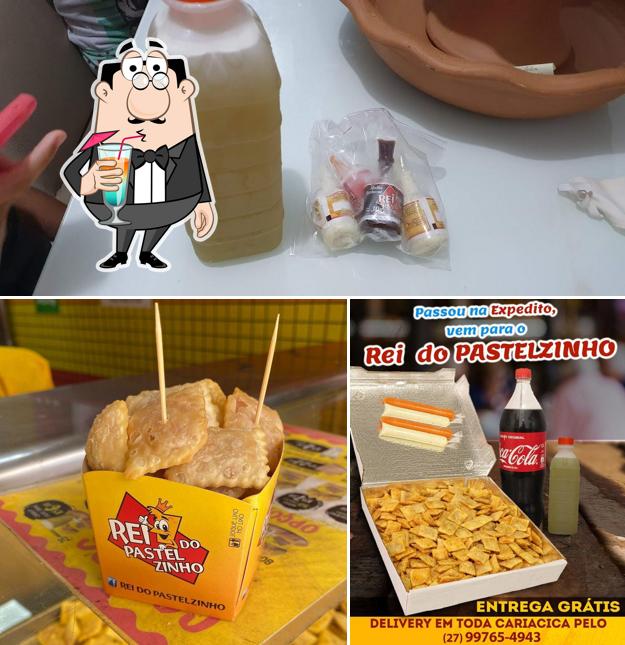 Dê uma olhada a ilustração ilustrando bebida e comida no Rei Pastel Zinho