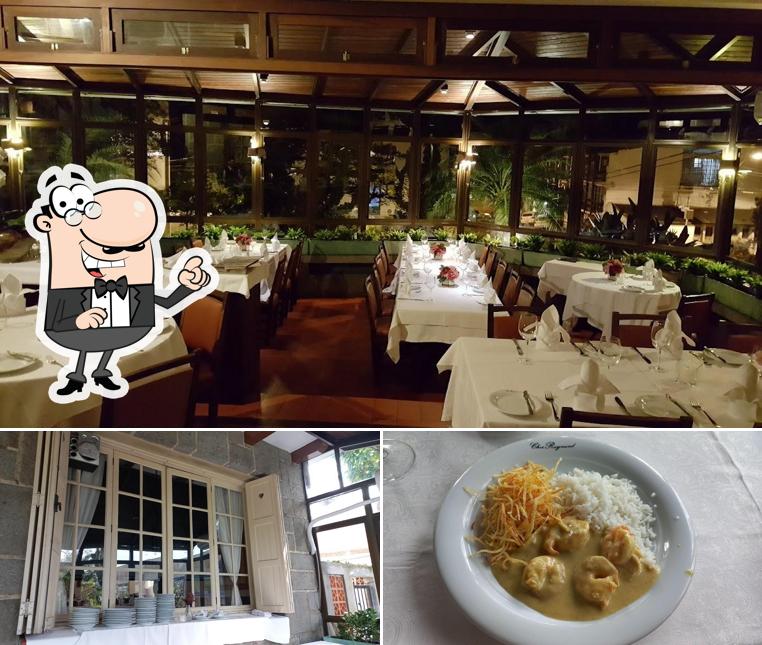 Dê uma olhada a ilustração mostrando interior e comida no Chez Raymond