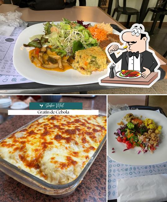 A ilustração da comida e interior no Sabor Vital comida natural