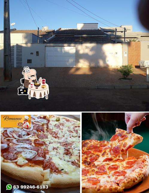 A ilustração a Romanus Pizzaria’s comida e exterior