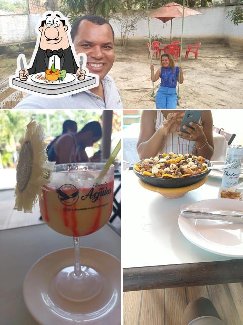 Confira a ilustração mostrando comida e interior no Restaurante Recanto das águias