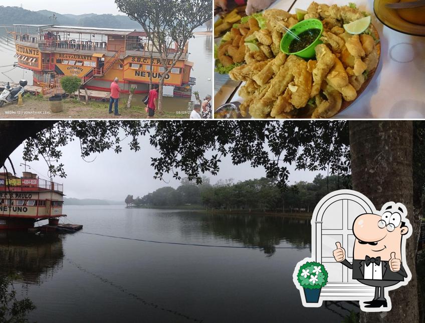 Esta é a ilustração mostrando exterior e comida no Restaurante Flutuante Netuno