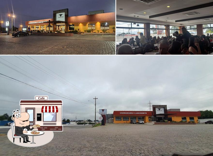 Confira a ilustração apresentando exterior e comida no Fogo e Brasa - Churrascaria e Rodízio