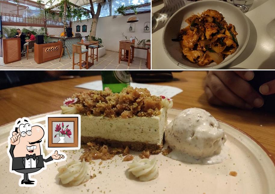 The restaurant's interior and food