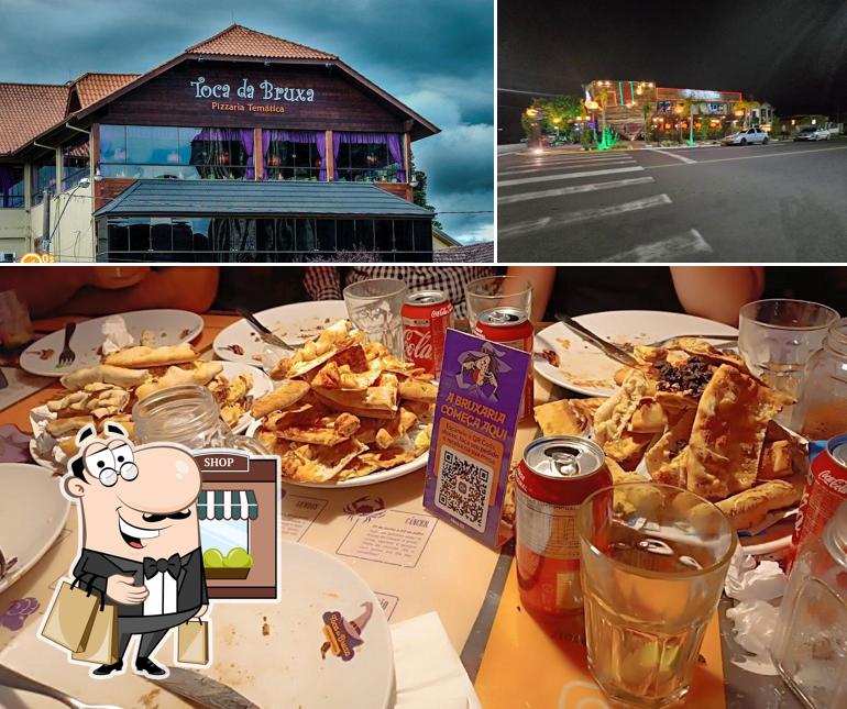 A ilustração a Toca da Bruxa Pizzaria Temática’s exterior e interior