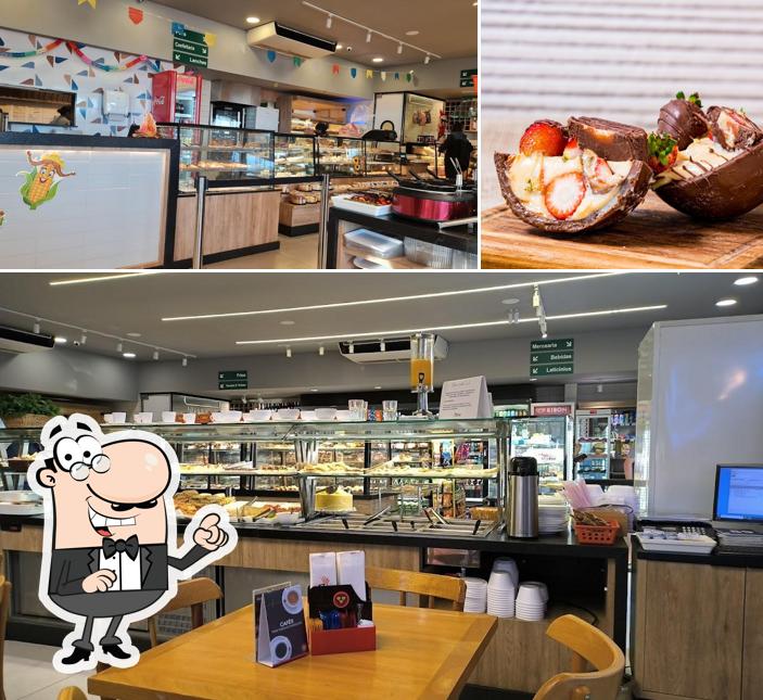 Dê uma olhada a ilustração mostrando interior e comida a Padoca Brasília